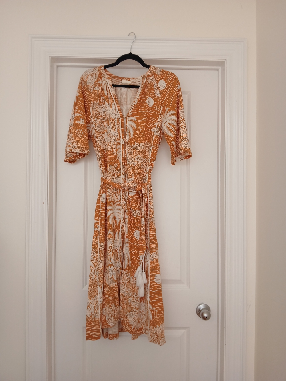 H&M Rust Tropical Palm Print Tie-Waist Midi Dress
